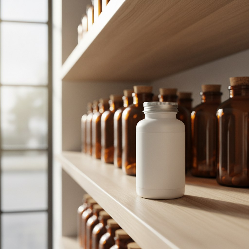 Foundational supplement bottle on a wooden pharmacy shelf in natural daylight